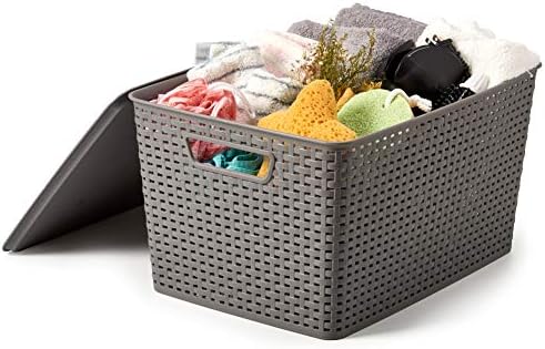 EZOWare Set of 3 Large Plastic Knitted Woven Storage Basket With Lid, Stackable Organiser Lidded Bin Box for Nursery, Kids, Closet, and More - 42 x 29 x 22.5 cm / Gray