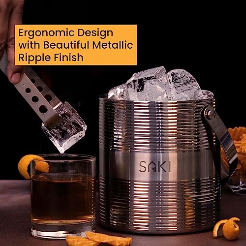 Image of SAKI | Metallic Ripple Ice Bucket with Tong - 1500 ml | Stainless Steel Double Walled Insulated | Ice Bucket for Bar & Home | Ripple Design Ice Bucket | Perfect for Gifting (Silver Finish)