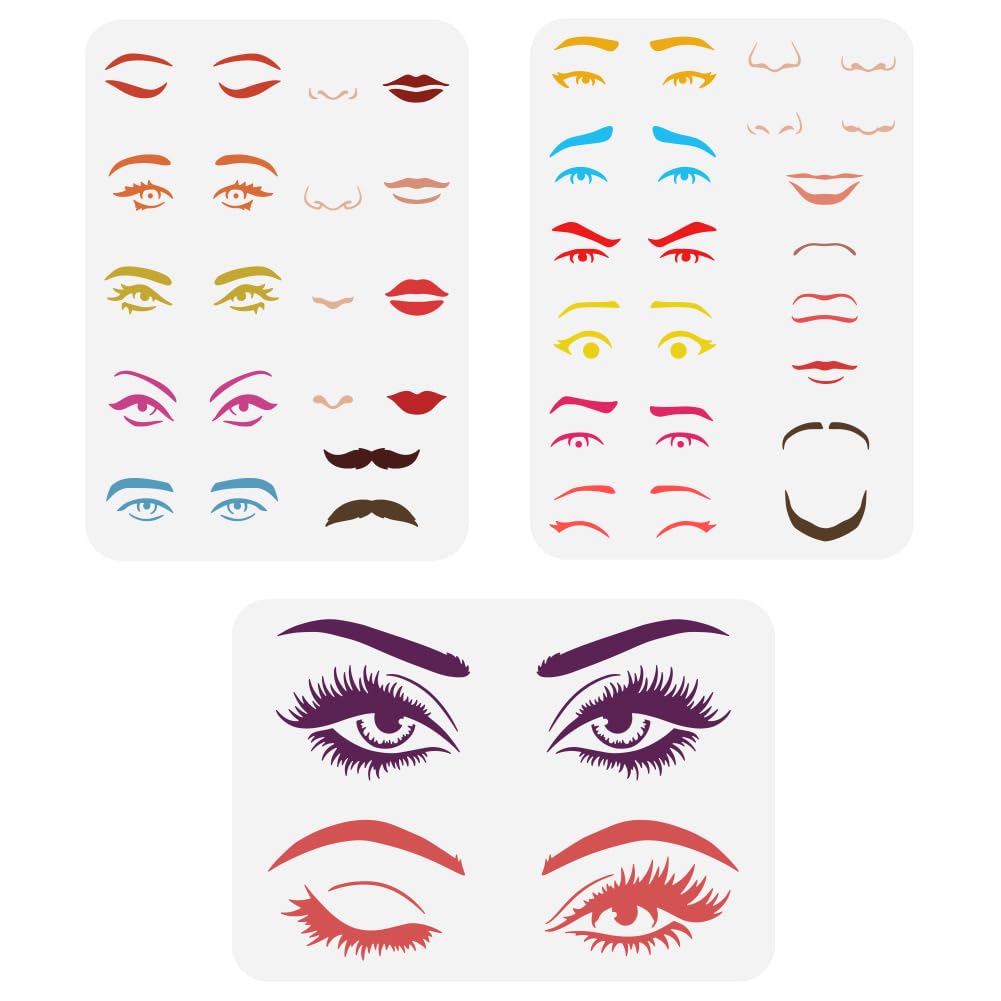 FINGERINSPIRE 3 pcs Facial Features Painting Stencil 8.3x11.7inch Reusable Eyes Nose Mouth Eyebrows Beard Drawing Template Faces Features Stencil for Painting on Wood Wall Fabric Furniture