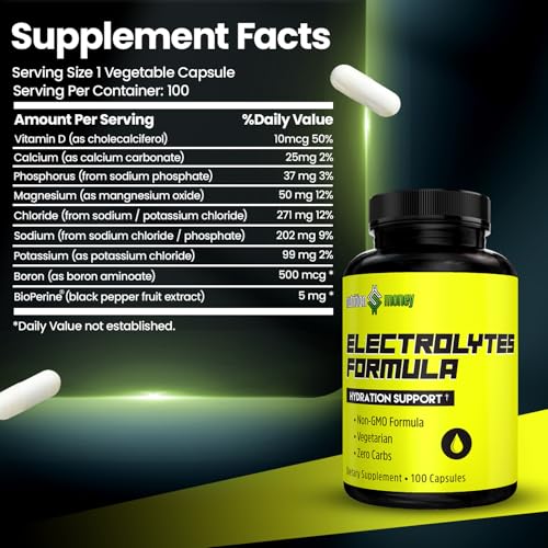 Image of NutritionMoney Electrolyte Premium Hydration Supplement - Sugar Free, Zero Carbs, Non-GMO, Zero Calories, Keto-Friendly, Supports Carnivore Diet, Optimal Rehydration Electrolytes Capsules - 100 Count