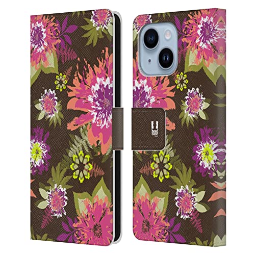 Étui iPhone 14 Plus en cuir marron foncé aux élégants ornements botaniques