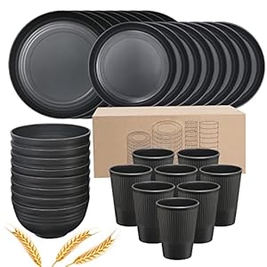 Plates and Bowls Sets for 8, 32-Piece Kitchen Dinnerware Set for 8 Tableware Wheat Straw Dinner Plates, Dessert Plates, Bowls and Cups, Dishes Set for Home Parties Camping – Black