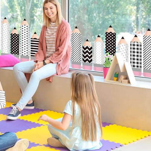 Image of Whaline 9 Sheet Black White Pencil Window Clings Back to School Pencil Plaid Stripe Wave Point Window Decals Double-Sided Reusable Glass Decor for Classroom Wall Glass Blackboard Decor