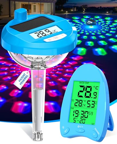 DeeprBlu 2026 Pool Thermometer Funk Solar Poolthermometer Schwimmend mit Dynamische LED-Lichtshow & Duale Hintergrundbeleuchtung 200 Meter Kabellose Übertragung Poolthermometer Digital Funk für Spa