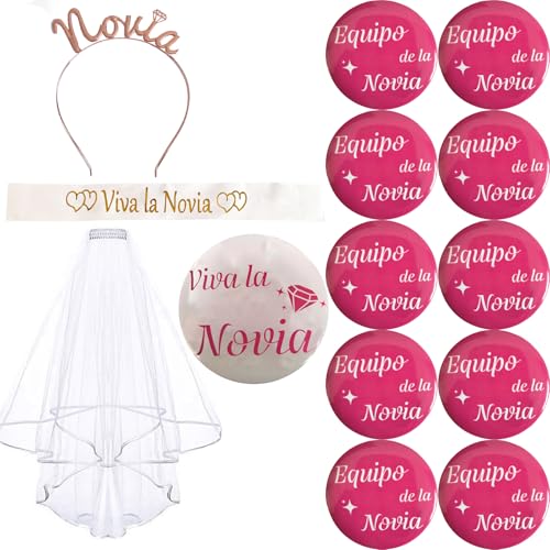jenich 14 peças Set despedida de solteira decoração acessórios despedida de solteira banda viva a noiva emblema noiva broche equipamento da noiva véu nupcial diadema tiara Bride to Be adorno Hen Night