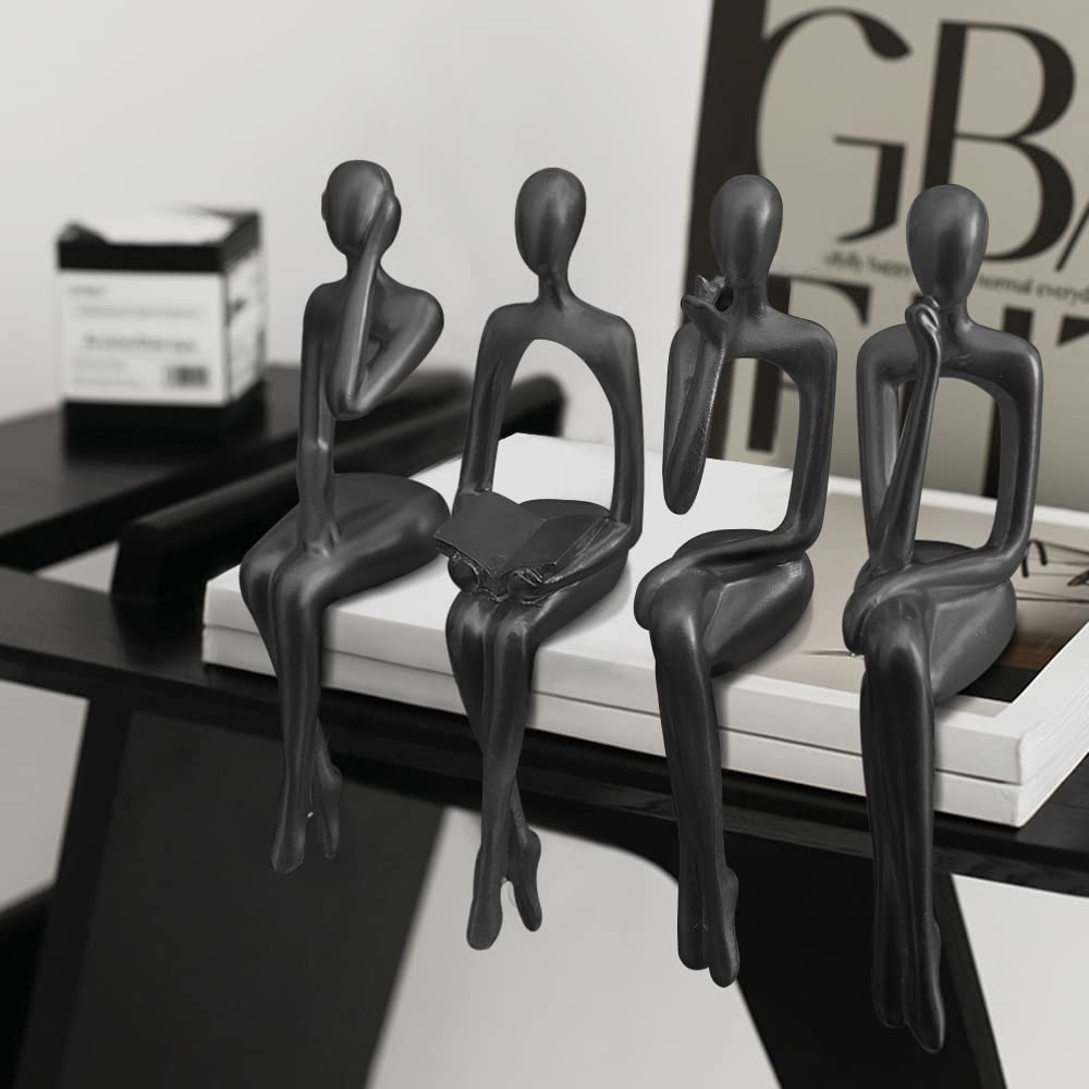 Lot de 4 statues de penseur noires pour décoration de la maison - Abstrait assis - Sculpture de bureau - Décoration de table (noir)