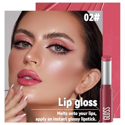Image of 2Pc Butter Lipstick Tinted Lip Balm, Shine Moisturizing Plumper Lipstick for Women, Natural Nourishing Hydrating Lip Gloss Stain for Dry Lips, Lightweight Lip Liner Care Vegan Makeup, 02 & 03