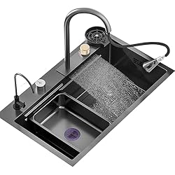 Amazon Fregadero Negro Fregadero de cocina con cascada, fregadero de acero inoxidable negro, grifo de cascada negro, fregadero de un solo cuenco, todos los accesorios incluidos (75 x 45 x 22 cm)