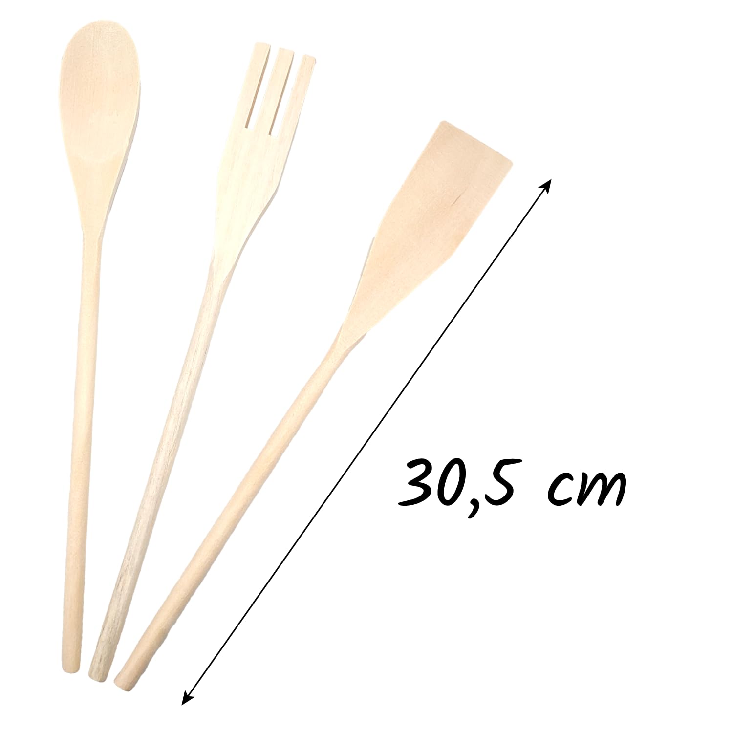 3 x Beech Wood Cooking Utensils, Spoon Set Spoon Fork for Roasting and Baking, 12" One Piece Design - Image 3