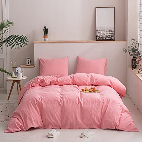 Travan Duvet Cover Ultra Soft 100% Washed Cotton Comforter Cover 3-Piece Hypoallergenic Solid Color Bedding Set Natural Wrinkled Look With Zipper Closure & Corner Ties (Pink, King) #TOP1