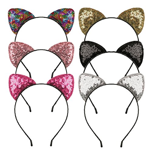 XIMA 6pcs Glitter Cat Ears Headband for Girls Reversible Sequin Girls Headbands Kids Hair Hoop Headwear (Sequin-6pcs)