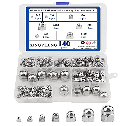 BGTXINGI 140Pcs 7Kinds 304 Stainless Steel M3 M4 M5 M6 M8 M10 M12 Acorn Cap Nut Decorative Hex Cap Dome Nuts Assortment Kit