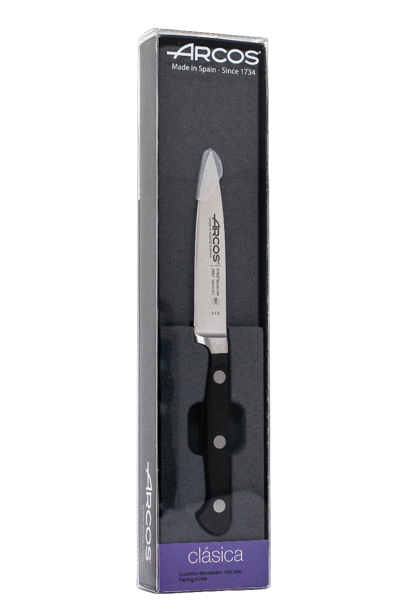 Arcos Cuchillo Mondador Profesional - Hoja Forjada Acero Inoxidable NITRUM 100 mm - Mango Resistente POM Negro - Serie Clásica para Cocina