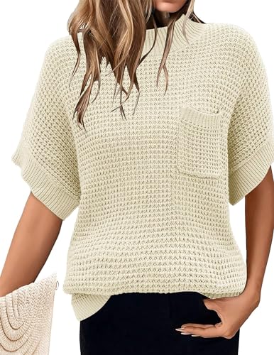 Image of Women 2026 Sweater Vest Mock Neck Batwing Short Sleeve Oversized Ribbed Knit Tops Fall Pullover Sweater S-XXL