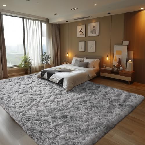 Zentavio Grey and White Area Rugs for Living Room Large Men Room Carpet 9x12 Bedroom Fluffy Furry Shag Aesthetic Plush High Pile Floor Rug for Kids Room Dorm Home Decor Tie-Dyed