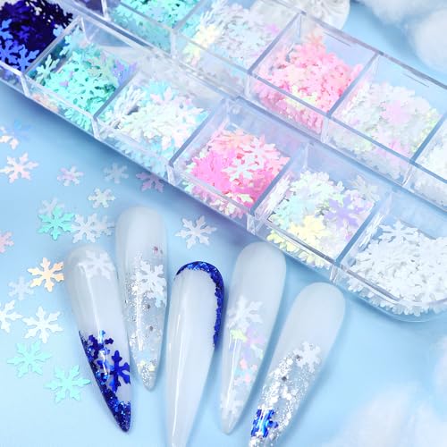 Image of 3 Boxes Snow Nail Glitter Hographic Blue White Nails Flakes Snowflake Sequins Manicure Accessories for Glitters Flakes Accessories for Women Manicure DIY Decorations
