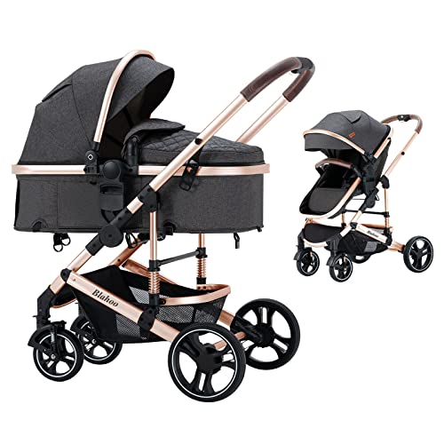 Image of Blahoo Baby Stroller for Newborn, 2 in1 Infant Stroller, Foldable Aluminum Alloy Pushchair with Adjustable Backrest. Bassinet Stroller (Gold Black)