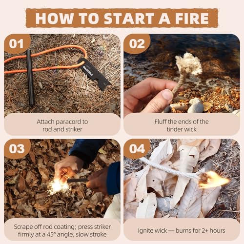 Image of Fire Starter Survival Kit - 4 Ferro Rods (4 inch, 3.2 inch, 2x2.4 inch), 2 Strikers, 2 Tinder Wicks (13 inch Each), and 2 Paracords (40 inch Each)
