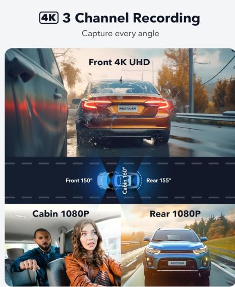Image of YOURKARTS.COM T800 Touch screen Triple Camera 4K Dual Dash Cam WiFi, ADAS, Parking Monitor, Loop Recording, USB-A to Type-C Cable 3m with car charger- Fron, cabin and Rear Cameras | 18 Months Warranty