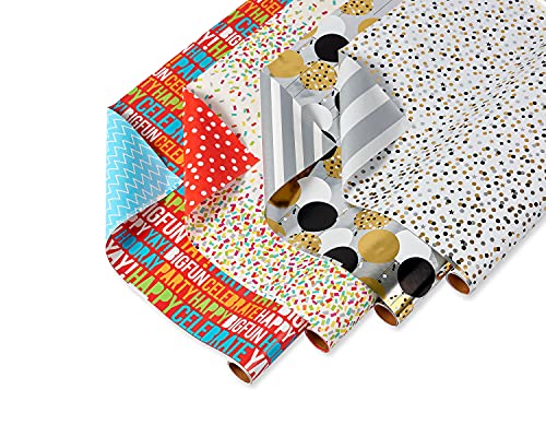 American Greetings Reversible Birthday Wrapping Paper, Balloons and Confetti (4 Rolls, 120 sq. ft.)