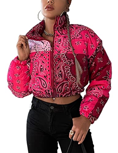 Uaneo Womens Cropped Puffer Jacket Bandana Paisley Print Short Bubble Coat (Red, Medium)