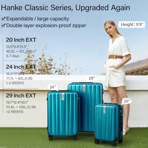 Image of Hanke 24 Inch Expandable Checked Luggage Lightweight PC Hard Case Luggage Suitcases with Wheels Tsa Luggage Rolling Large Suitcase Travel Luggage Bag for Go to University.(Caribbean Blue)
