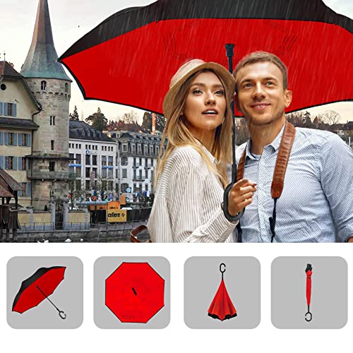 Image of MRTLLOA 40 /49 /56 Inch Oversize Windproof Inverted Reverse Upside Down Umbrella, Golf Size Rain Umbrella, Double Layer, C-Shaped Handle for Men, Women and Kids (Black&Red-2 Pack, 49 Inch)
