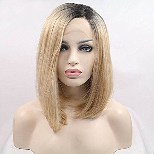 SeraphicWig Realistic Looking Short Bob Wigs Ombre Blonde Lace Front Wig Straight For Women 2 Tones Dark Roots Synthetic Wig Glueless Heat Resistant Fiber Hair Half Hand Tied 8 inches
