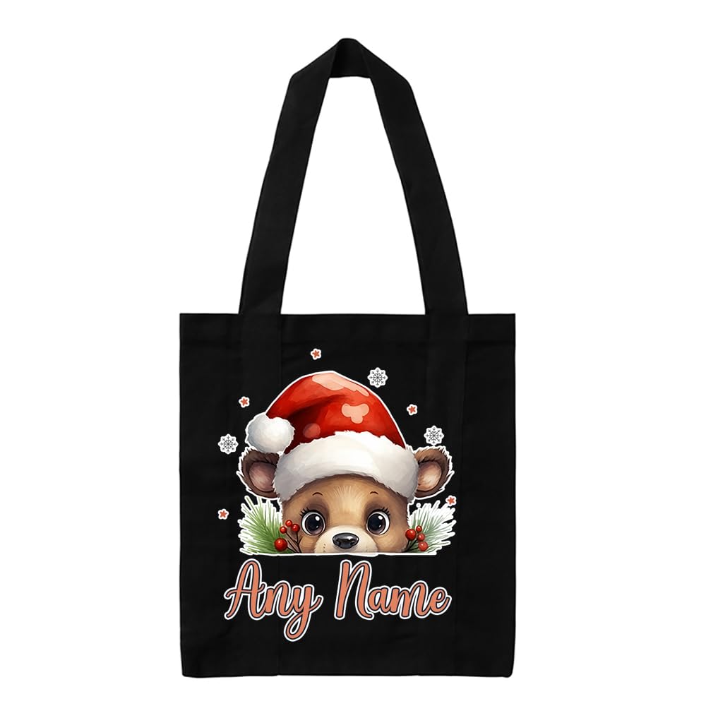 Getagift Personalised Christmas Cute Dog With Santa Hat, Xmas Gift, Dog Lover Gift, Reusable Bag, Shopping Bag, Tote Bag. (Black)