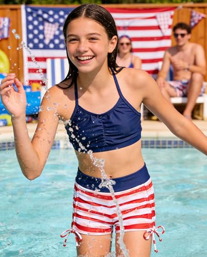 Image of Funnycokid Girls Swimsuit 3 Pieces Zip Rash Guard Bathing Suits Set Kids Bikini Boyshort Summer Swimwear 3-14 Years