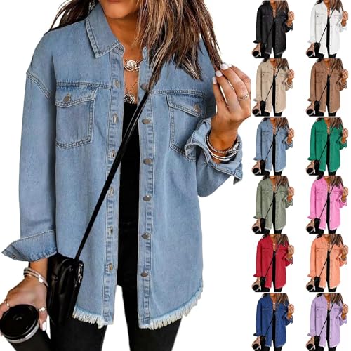 Expectatioin Denim Jacket, Jean Jacket Ripped Fringe, Shackets for Women 2025, Oversized Button down Casual Jean Shacket2