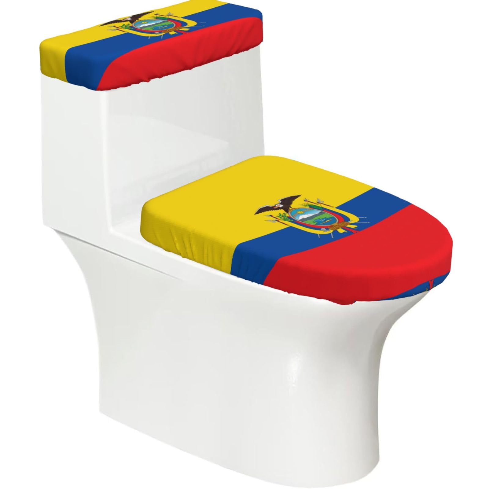 Flag of Ecuador Elastic Toilet Cover Set of 2-Stretchy Lid and Tank Covers for Bathroom, Soft Washable U Shape Toilet Decor