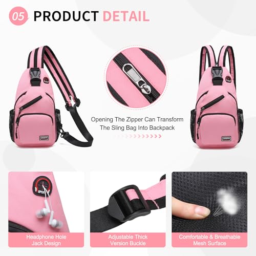 Image of Convertible Sling Bags for Women Men, Lightweight Crossbody Backpack Daypack Fit for 7.9 inch Tablet for Casual Travel Sport Hiking (Pink)