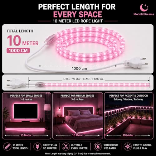 Image of MoonlitDreams 10M LED Rope Light | 120 LEDs /M Waterproof Strip Light | Pink Flexible Cove Light for False Ceiling, Balcony, Bedroom, Garden & Indoor Outdoor Decoration | Plug & Play Decorative Light