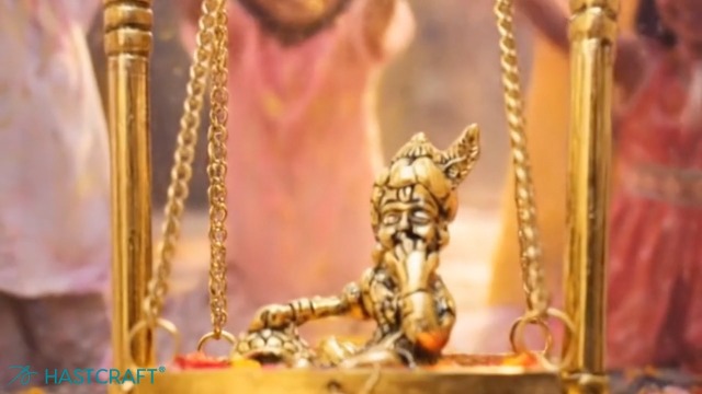 Estatua de Krishna tocando flauta, acabado dorado, 22 cm miniatura 7