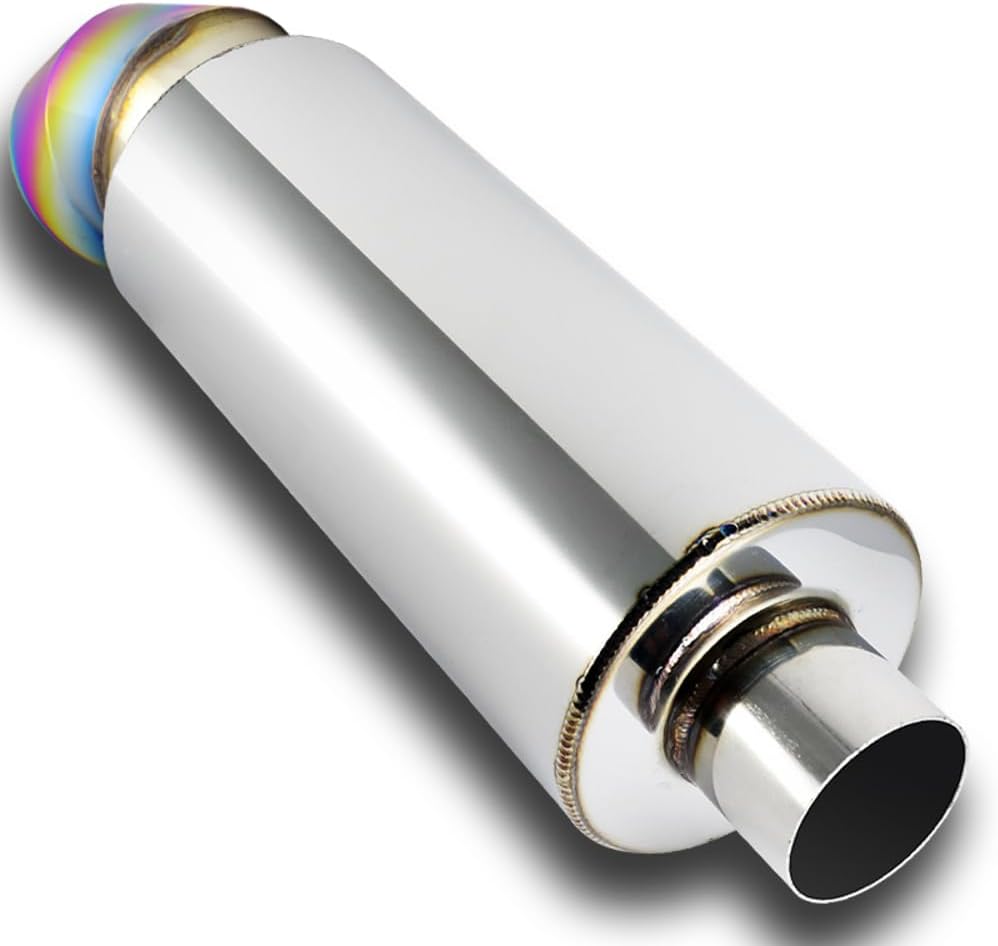 Universal 4" Outlet Cutter Knife TurnDown Tip Style Muffler Hi Flow Stainless Steel Weld-On 2.5" Inlet, Turn Down Muffler, Deep and Smooth Tone (Rainbow Burnt)