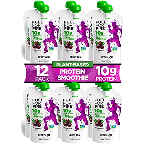 Fuel for Fire VEGAN Protein Smoothie Squeeze Pouch - Berry Acai (12-Pack) | Healthy Snack & Recovery | No Sugar Added, Dietitian Approved | Plant Based Functional Fruit Smoothies (4.5oz pouches)