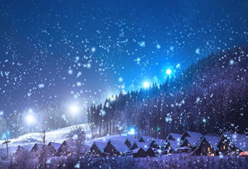 Leowefowa 5x3ft Christmas Backdrop Rustic Village Night View Forest Trees Snowing Shining Lights Blue Sky Winter Xmas Vinyl Photography Background Kids Children Adults Photo Studio Props