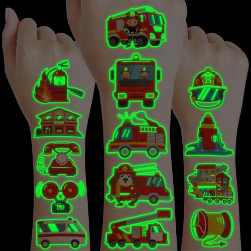 Image of 96 PCS Firefighter Pre-Cut Luminous Glow in the dark Temporary Tattoos | Super Cute Themed Birthday Party Favors, Supplies, Decorations, Firetruck Fake Tattoo Stickers Gifts for Boys Girls