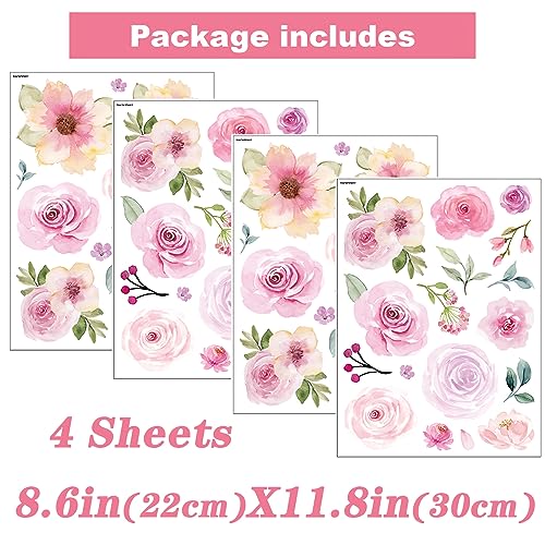 4 hojas 60 piezas stickers de flores rosa acuarela para pared miniatura 3