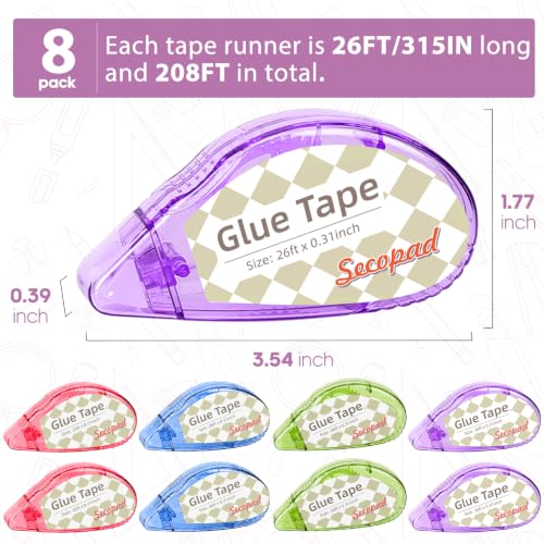 Image of Secopad Scrapbook Tape, 8 Pack Double Sided Tape Roller for Crafts, Adhesive Glue Runner Scrapbooking Supplies Journaling School Office Teacher Supplies, 0.3IN x 26FT, Clear Colored Shell