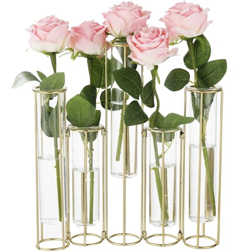 plantoky Golden Hinged Test Tube Flower Vase with 5 Glass Vases