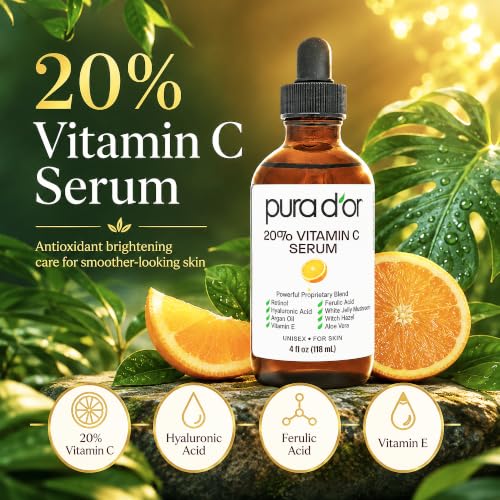 PURA D'OR 20% Vitamin C Facial Serum 4 Oz Antioxidant Anti-Aging Blend w/Retinol, Hyaluronic Acid, Ferulic Acid - Hydrating Lightweight Ayurvedic Skin Care - Men Women Daily Use - Image 3