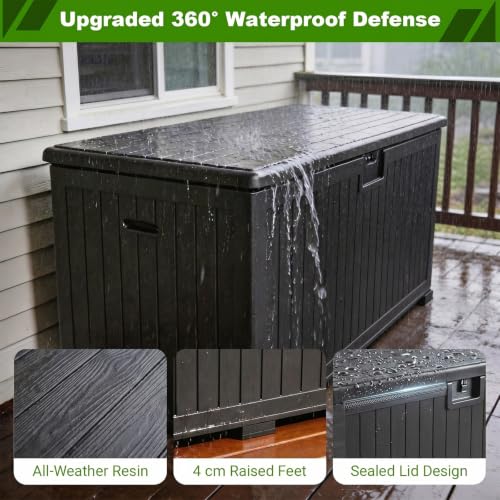 Image of 320 Gallon Deck Box with 6 Waterproof Foot Pads, Resin Storage Box Weatherproof, Plastic Cushion Container with Lock and Lids for Pool Equipment, Black