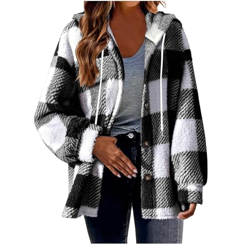 Women Plaid Hooded Jackets Drawstring Fall Shackets Long Sleeve Button Down Shirts Tops Trendy Fashion Clothing