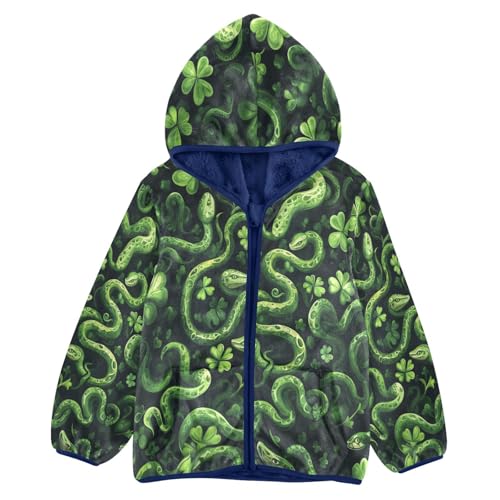 Green Shamrocks Snakes Pattern Toddler Fleece Jacket Girl Boys Hooded Fleece Jacket Coat Warm Outwear Zip-up 3-10T