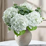 YILIUFA 4 Pcs Hydrangea Artificial Flowers and 2 Pcs Eucalyptus Stems, 20'' Latex Real Touch Faux Hydrangea Lifelike Fake Flowers for Wedding Table Centerpieces Living Room Party Decor (White)