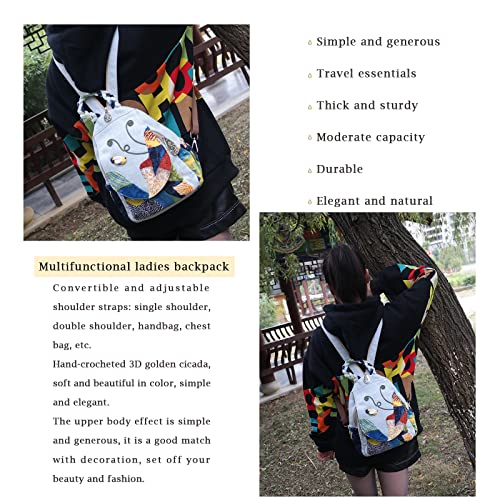 Image of Small Canvas Backpack, Retro Boho Washed Hippie for Women Daily Commute (Cricket Decorations)
