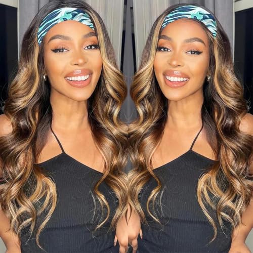 Image of Celiarita Ombre Headband Wig Human Hair Body Wave Human Hair Wigs for Black Women Highlight Glueless None Lace Front Machine Made Brazilian Virgin Body Wave Headband Wig Human Hair 20 Inch