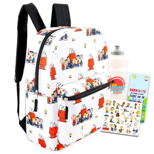 Peanuts Mochila infantil – Pacote com mochila de 40,6 cm com Snoopy, Charlie Brown, mais tatuagens, garrafa de água | Conjunto de mochila escolar Peanuts para crianças, meninos e meninas